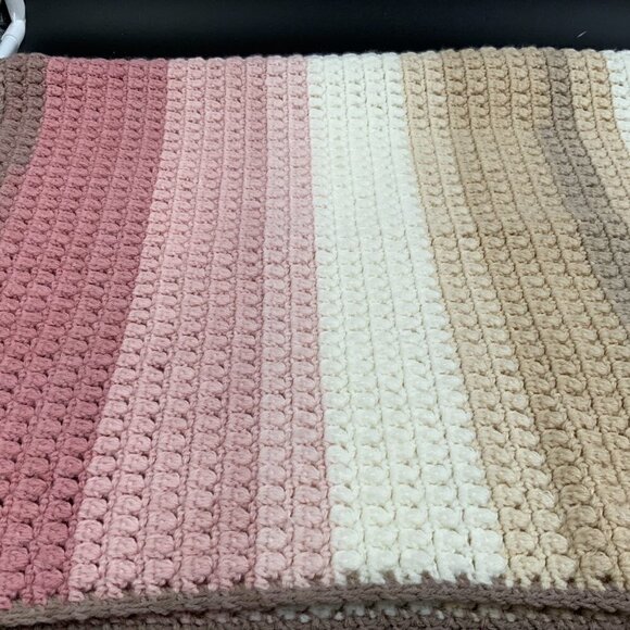 Vintage Afghan Hand Crocheted Infant Blanket 34 1/2" x 29" Mauve Tan Cream Pink - Picture 4 of 8